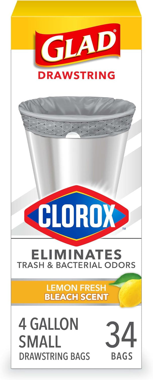 Glad Trash Bags, Small Drawstring Garbage Bags with Clorox, 4 Gallon Grey Trash Bags, Lemon Fresh Bleach Scent, 34 Count (Package May Vary)