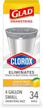 Glad Trash Bags, Small Drawstring Garbage Bags with Clorox, 4 Gallon Grey Trash Bags, Lemon Fresh Bleach Scent, 34 Count (Package May Vary)
