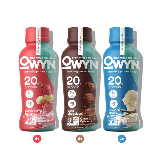 OWYN Only What You Need Protein Shake, 20g Vegan Protein, Ready to Drink, Dairy Free, Great Taste, 4g Sugar, 5g Net Carbs, Strawberry Banana Variety Pack, 12 Fl Oz (12 Pack)