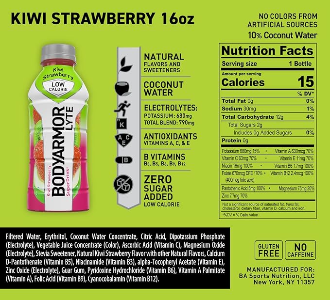 BODYARMOR LYTE Low-Calorie Sports Drink, Kiwi Strawberry, Coconut Water, Natural Flavors, Vitamins, Electrolytes, 16 Fl Oz (12 Pack)