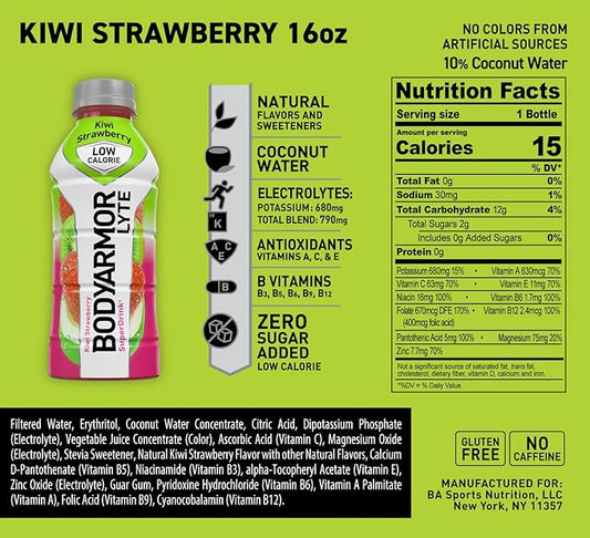 BODYARMOR LYTE Low-Calorie Sports Drink, Kiwi Strawberry, Coconut Water, Natural Flavors, Vitamins, Electrolytes, 16 Fl Oz (12 Pack)