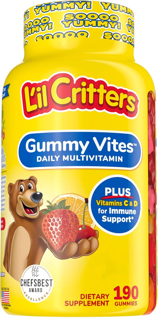 L’il Critters Gummy Vites Daily Gummy Multivitamin for Kids, Vitamin C, D3 for Immune Support Cherry, Strawberry, Orange, Pineapple and Blueberry Flavors, 190