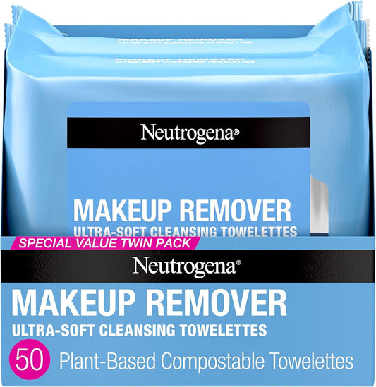Neutrogena Makeup Remover Wipes, Daily Facial Cleanser Towelettes, Gently Cleanse and Remove Oil & Makeup, Alcohol-Free Makeup Wipes, 2 x 25 ct.