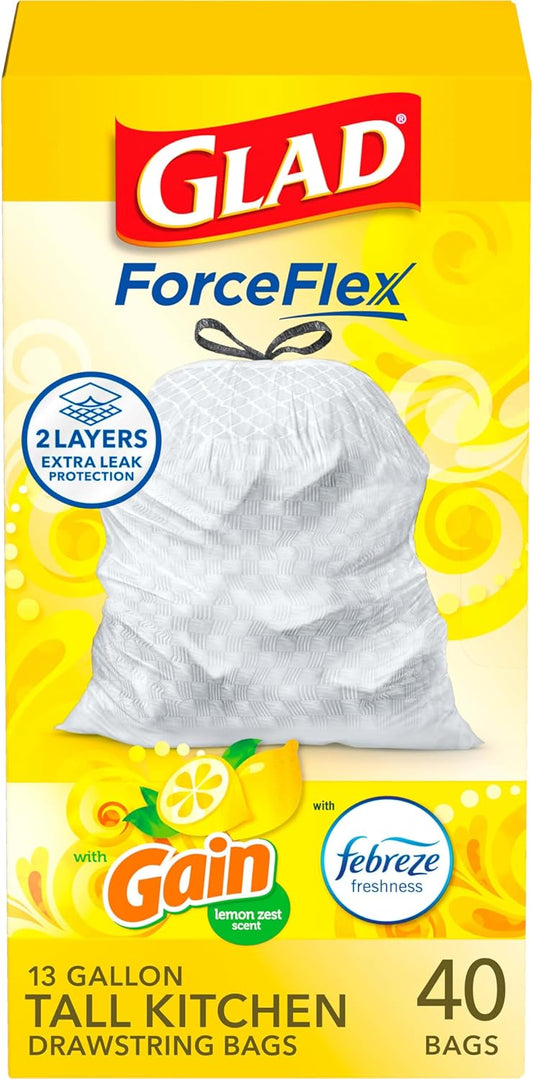Glad Trash Bags, ForceFlex Tall Drawstring Garbage Bags, 13 Gallon Grey Trash Bags for Tall Kitchen Trash Can, Citrus & Zest with Febreze Freshness to...