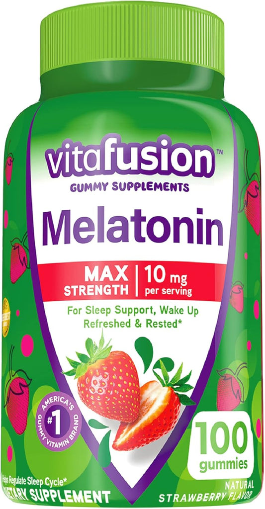 Vitafusion Max Strength Melatonin Gummy Supplements, Strawberry Flavored, 10 mg Melatonin Sleep Supplements, America’s Number 1 Gummy Vitamin Brand, 50 Day Supply, 100 Count