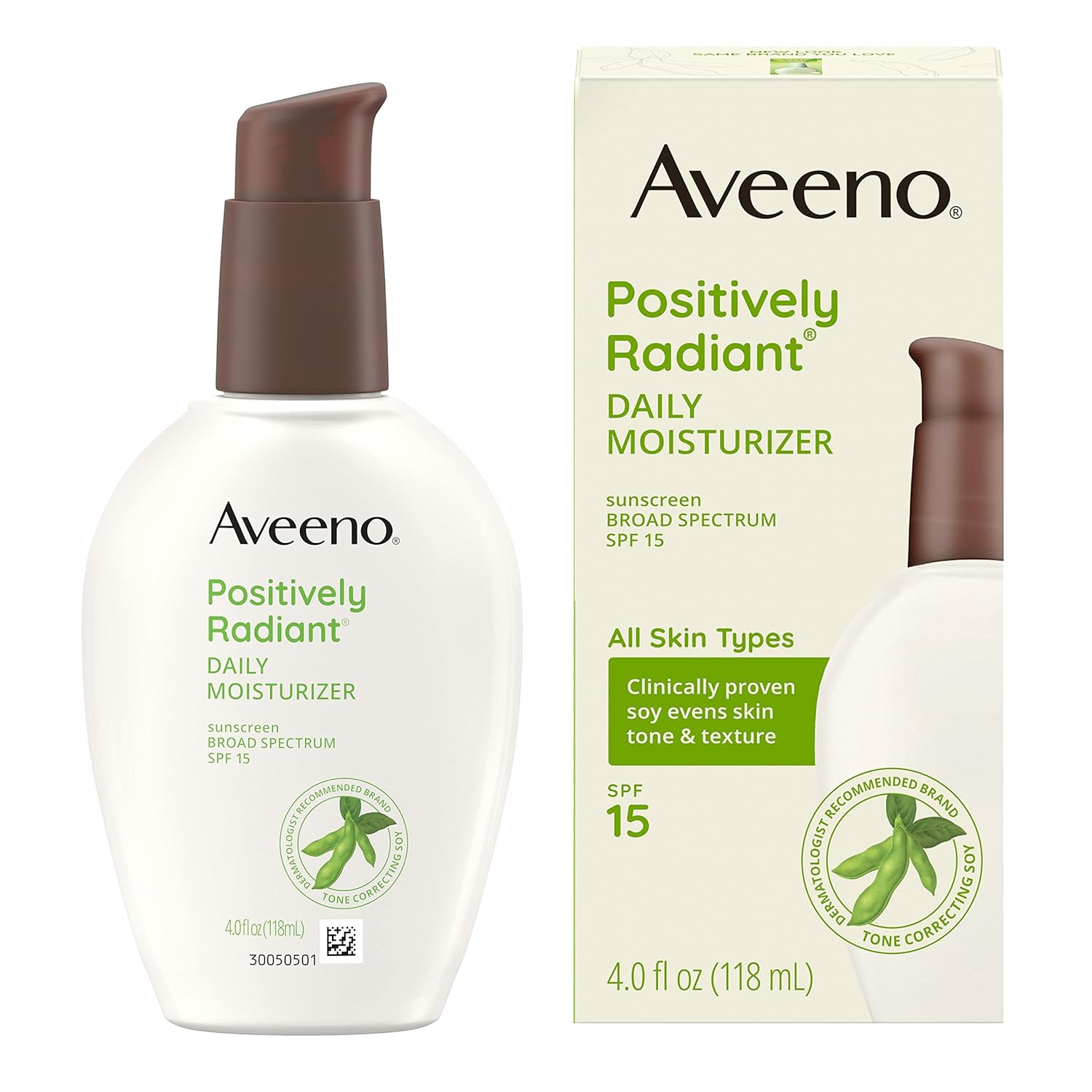 Aveeno Positively Radiant Daily Facial Moisturizer with Broad Spectrum SPF 15 Sunscreen & Soy, Improves the Look of Skin Tone & Texture, Hypoallergenic, Oil-Free, Non-Comedogenic, 4 fl. oz
