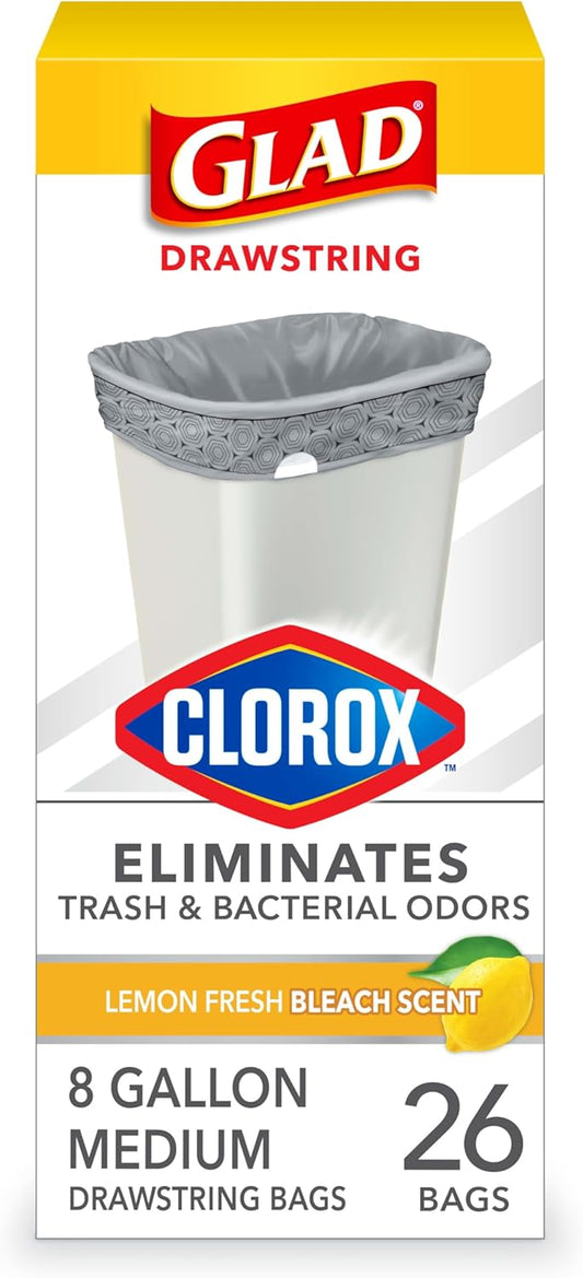 Glad Trash Bags, Medium Drawstring Garbage Bags with Clorox, 8 Gallon, Lemon Fresh Bleach Scent, 26 Count
