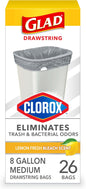 Glad Trash Bags, Medium Drawstring Garbage Bags with Clorox, 8 Gallon, Lemon Fresh Bleach Scent, 26 Count