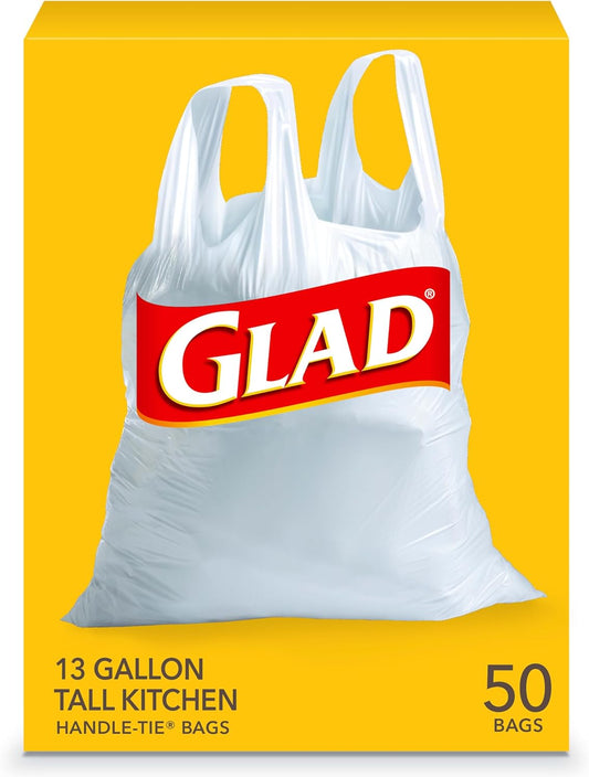 Glad Trash Bags, Tall Kitchen Handle-Tie Garbage Bags - 13 Gallon White Trash Bag - 50 Count (Package May Vary)