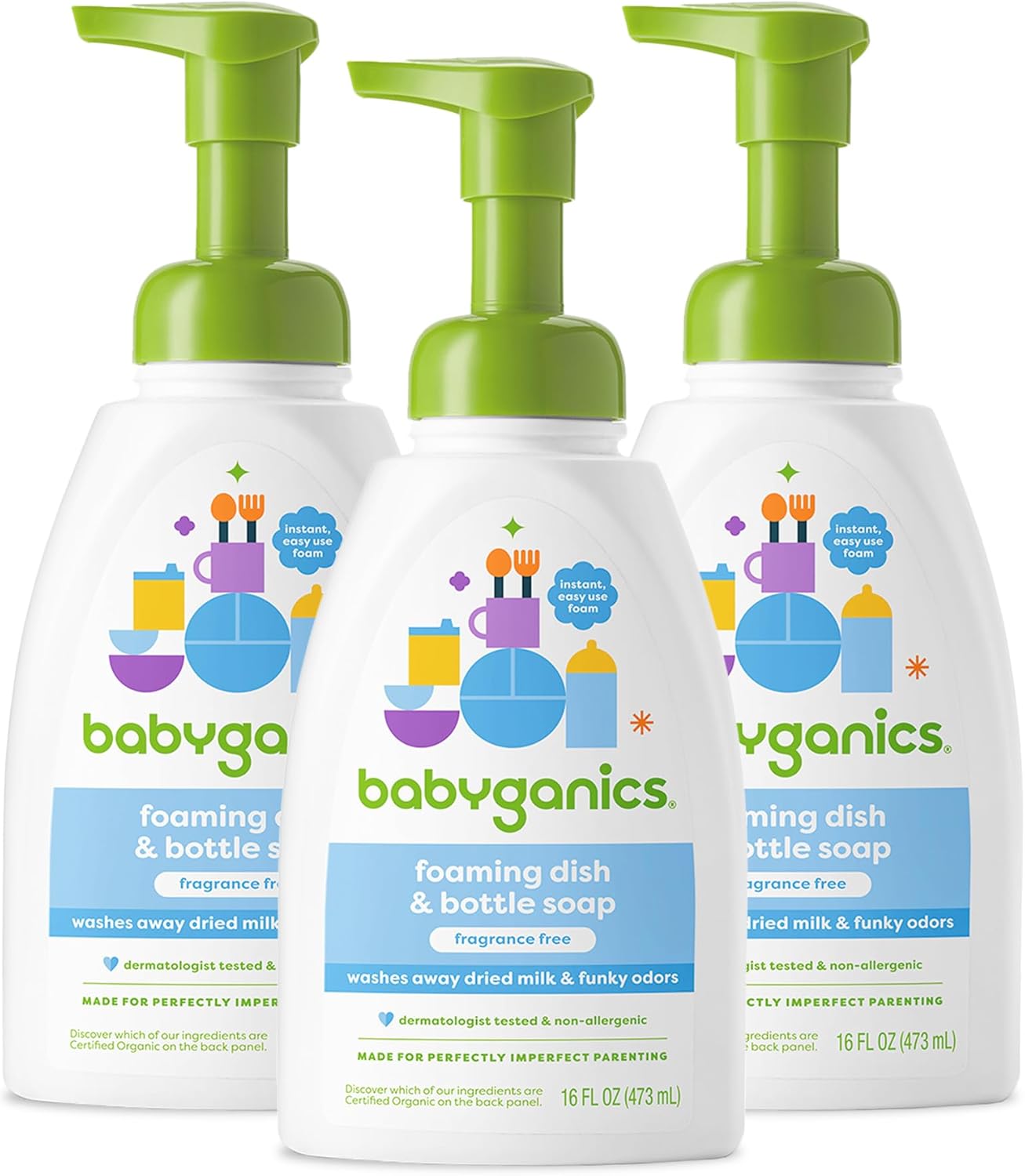 Babyganics Foaming Dish & Bottle Soap, Pump Bottle, Fragrance Free, Plant-Derived Cleaning Power, Removes Dried Milk, 16 Fl Oz, (Pack of 3), Packaging May Vary