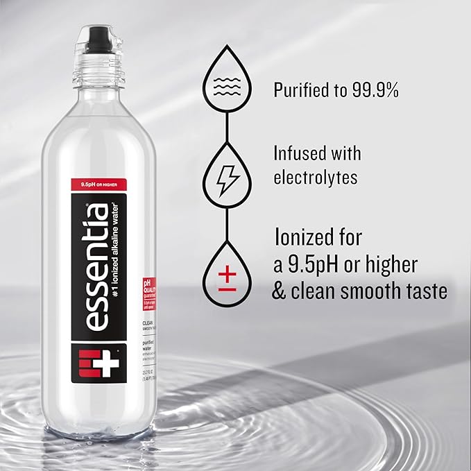 Essentia Water LLC, Ionized Alkaline Bottled Water; 99.9% Pure, Infused with Electrolytes, 9.5 pH or Higher with a Clean, Smooth Taste, 23.67 Fl Oz (Pack of 24)