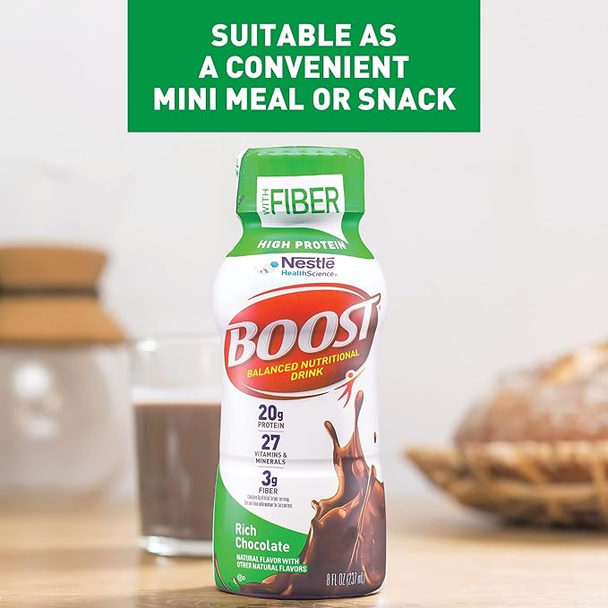 BOOST High Protein with Fiber Ready to Drink Complete Nutritional Drink, Rich Chocolate, 8 fl oz Bottle, 24 Pack