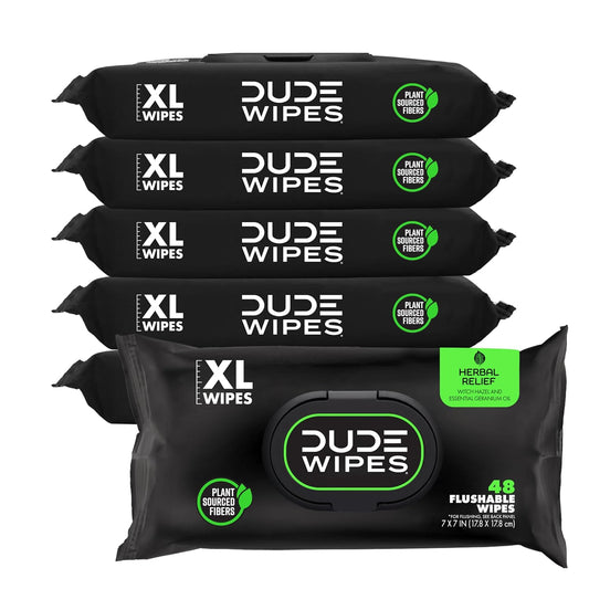 Dude Wipes - Flushable Wipes - 6 Pack, 288 Wipes - Herbal Relief Extra-Large Wet Wipes - Witch Hazel & Geranium Essential Oils - Septic and Sewer Safe...
