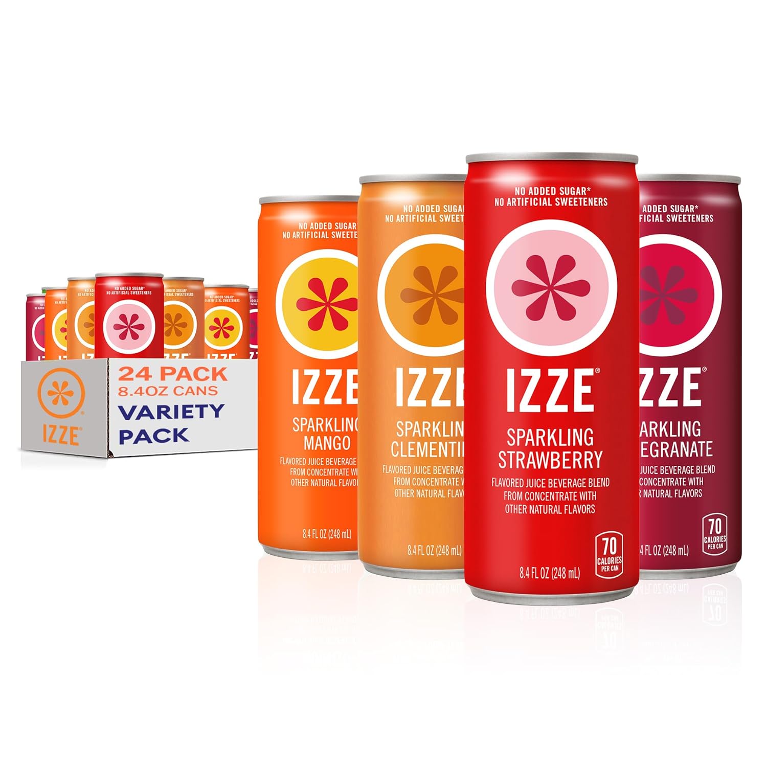 IZZE Sparkling Juice, 4 Flavor Dawn Variety Pack, No Added Sugars, No Preservatives, Non-GMO, 8.4 Fl Oz Can (Pack of 24)