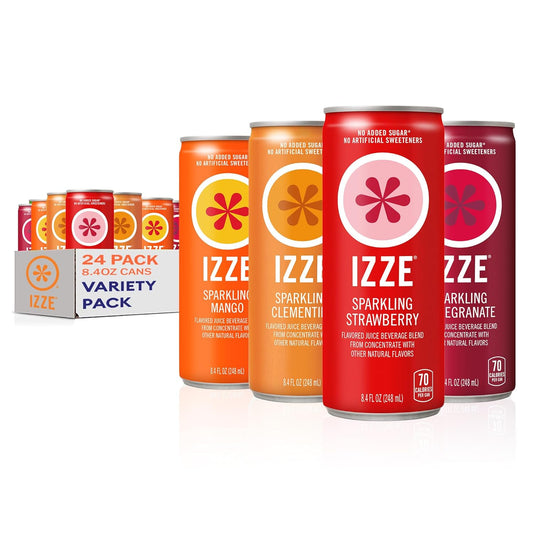 IZZE Sparkling Juice, 4 Flavor Dawn Variety Pack, No Added Sugars, No Preservatives, Non-GMO, 8.4 Fl Oz Can (Pack of 24)