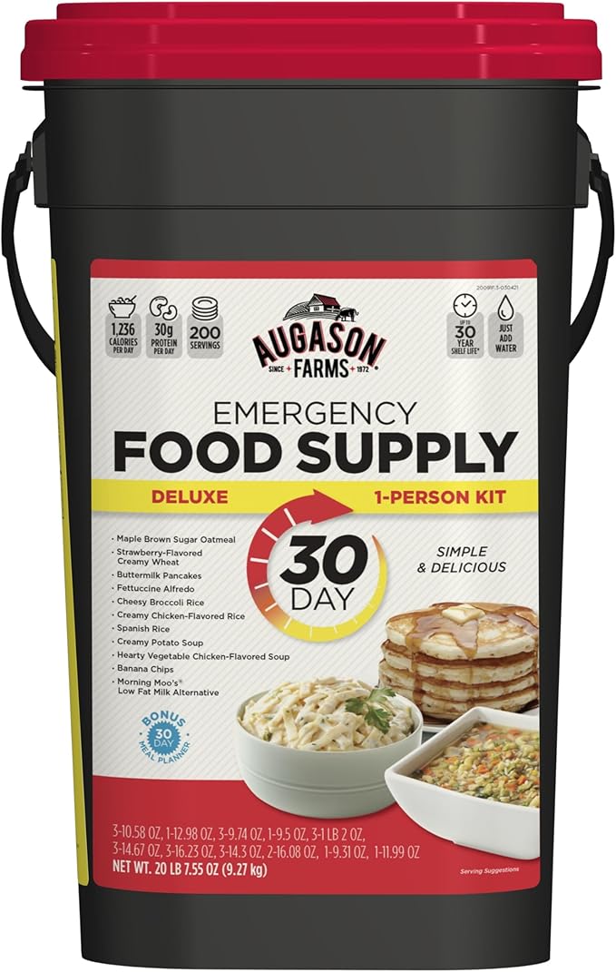 AUGASON FARMS Emergency Food Supply Bucket, 200 Servings, Dehydrated Meal Kit, Variety Pail, Long Shelf Life Just-Add-Water Meals for Prepping, Disaster Survival, Camping, Hiking, and More