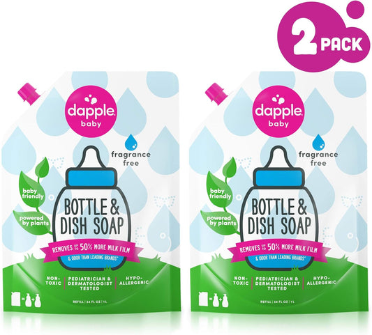 Dapple Baby, Bottle and Dish Liquid Refill Dish Soap Plant Based Hypoallergenic, Fragrance Free, 34 Fl Oz (Pack of 2)