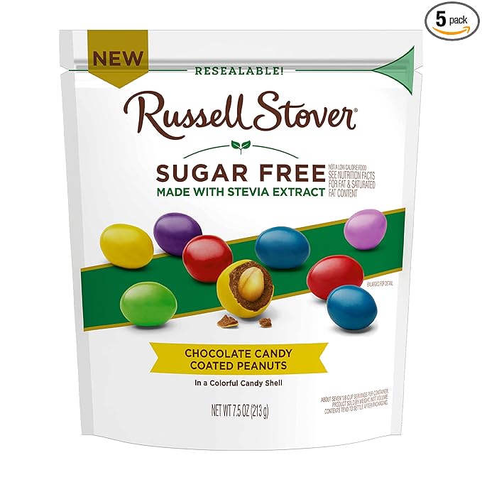 Russell Stover Sugar Free Chocolate Candy Coated Peanut Gems, 7.5 Ounce Bag (Pack of 5)