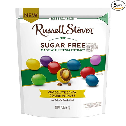 Russell Stover Sugar Free Chocolate Candy Coated Peanut Gems, 7.5 Ounce Bag (Pack of 5)
