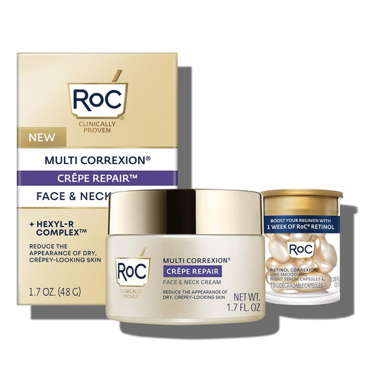 RoC Crepe Repair Anti Aging Daily Face Moisturizer & Neck Firming Cream (1.7 oz) + RoC Retinol Wrinkle Smoothing Capsules (7 CT), Skin Care Routine for Women and Men
