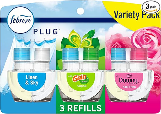 ebreze Odor-Fighting Fade Defy PLUG Air Freshener, Downy April Fresh, Gain Original, Linen & Sky, (3) .87 fl. oz. Oil Refills