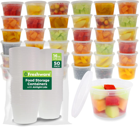 Freshware Food Storage Containers [50 Set] 16 oz Plastic Deli Containers with Lids, Slime, Soup, Meal Prep Containers | BPA Free | Stackable | Leakproof |...