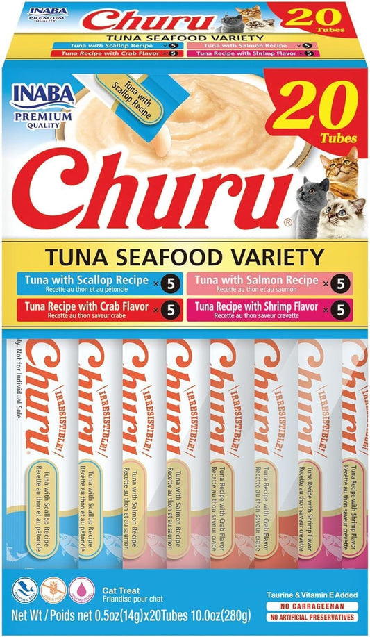 NABA Churu Cat Treats, Lickable, Squeezable Creamy Purée Cat Treat with Green Tea Extract & Taurine, 0.5 Ounces Each Tube, 20 Tubes, Tuna & Seafood..