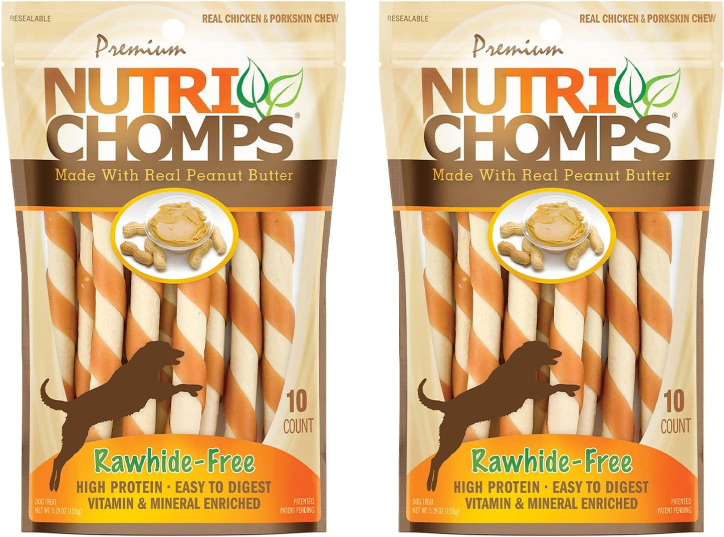 NutriChomps Dog Chews 5-inch Twists, Easy to Digest, Rawhide-Free Dog Treats, 10 Count, Real Peanut Butter Flavor, Bundle of 2, 20 Count, NT063V-2