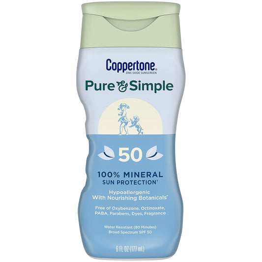 Coppertone Pure and Simple Zinc Oxide Mineral Sunscreen Lotion SPF 50, Body Sunscreen, Water Resistant, Broad Spectrum SPF 50 Sunscreen for Sensitive Skin, 6 Fl Oz Bottle
