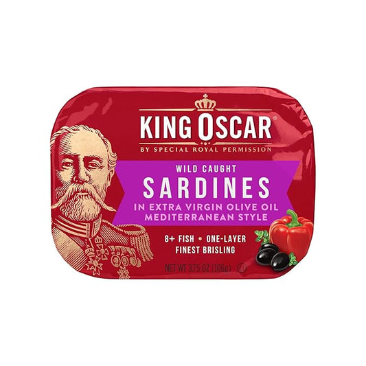 King Oscar Premium Sardines in Extra Virgin Olive Oil, Mediterranean Style, 3.75 Ounce Cans (Pack of 12), Wild Caught Sardines