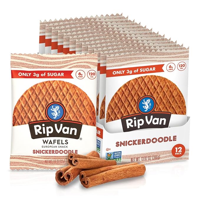 Rip Van Wafels Snickerdoodle Stroopwafels, Healthy Snacks, Non-GMO, Keto Friendly, Office Snacks, Low Sugar (3g), Low Calorie, 12 Pack