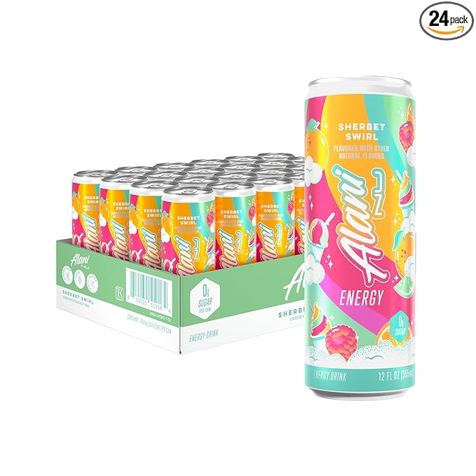 Alani Nu SHERBET SWIRL Sugar Free, Low Calorie Energy Drinks, 200mg Caffeine, Biotin B Vitamins, Zero Sugar, 10 Calories, 12 Fl Oz Cans, 24 Pack