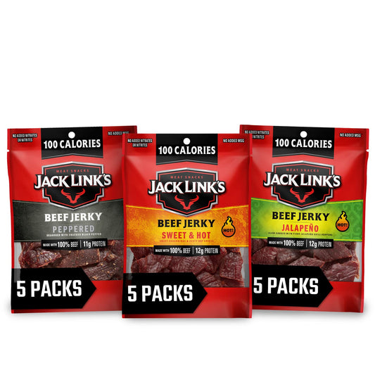 Jack Link's Beef Jerky Bold Variety Pack – Includes Sweet & Hot, Jalapeño and Peppered Beef Jerky, Bulk Beef Snack Pack, 11g-12g of Protein, Made with 100% Beef – 1.25 Oz (Pack of 15)