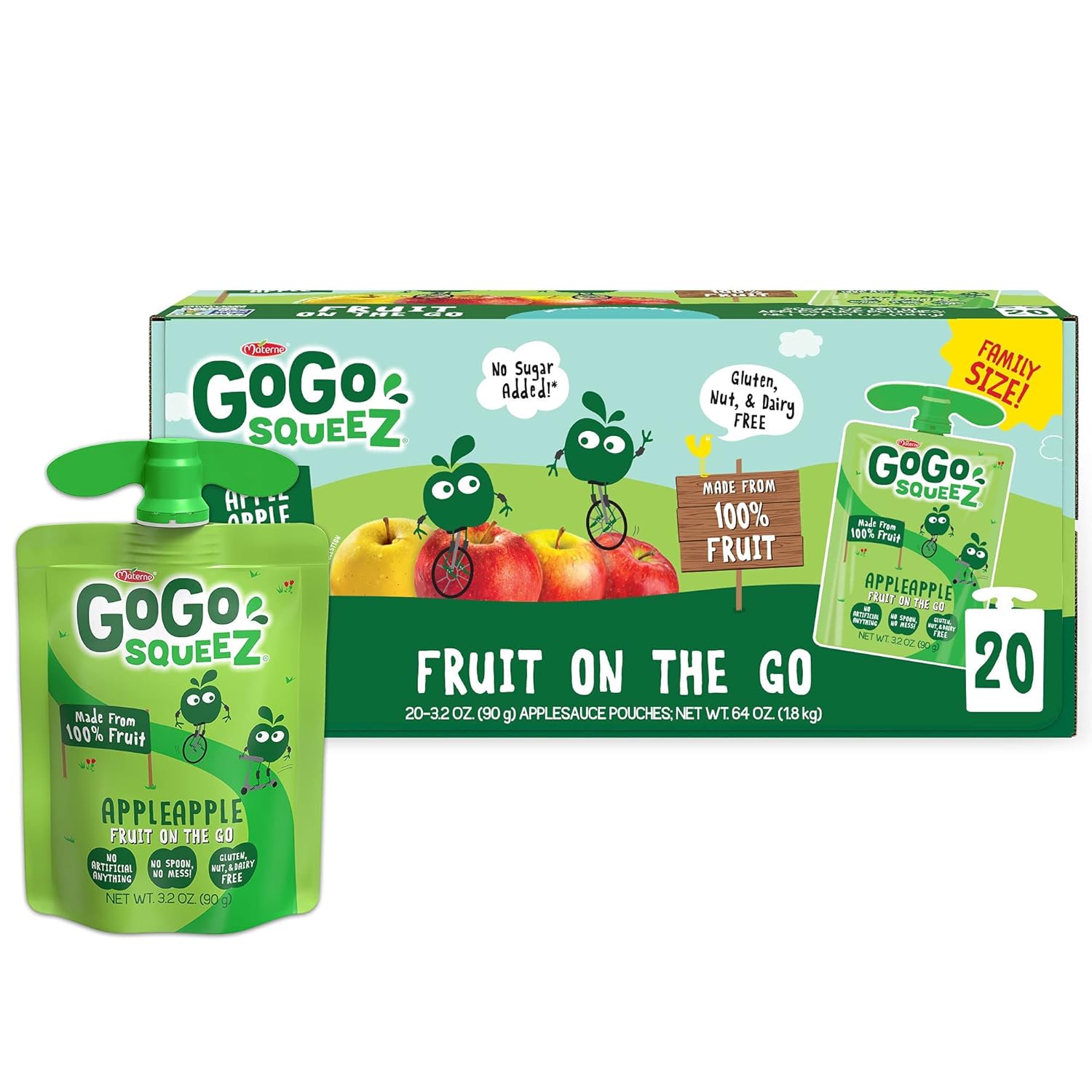 GoGo squeeZ Fruit on the Go, Apple Apple, 3.2 oz (Pack of 20), Unsweetened Fruit Snacks for Kids, Gluten Free, Nut Free and Dairy Free, Recloseable Cap, BPA...
