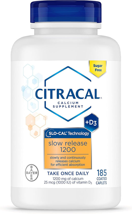 Citracal Slow Release 1200, 1200 mg Calcium Citrate and Calcium Carbonate Blend with 1000 IU Vitamin D3, Bone Health Supplement for Adults, Once Daily Caplets, 185 Count
