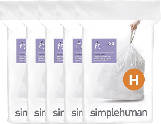 simplehuman Code H Custom Fit Drawstring Trash Bags, 20 Count (Pack of 5), 30-35 Liter / 8-9 Gallon, White