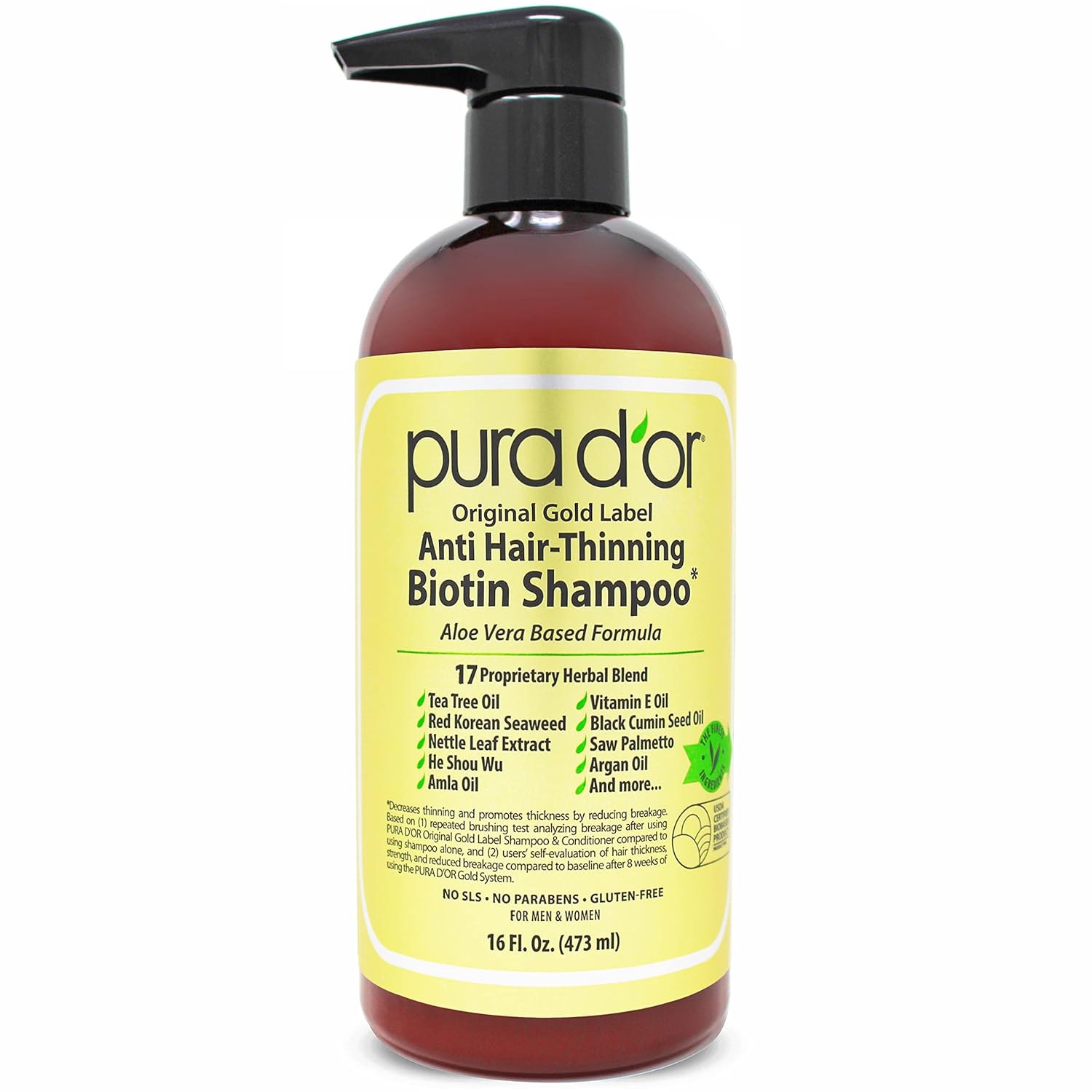 PURA D'OR Original Gold Label Anti-Thinning Biotin Shampoo Natural Earthy Scent, Clinically Tested Proven Results, Herbal DHT Blocker Hair Thickening...