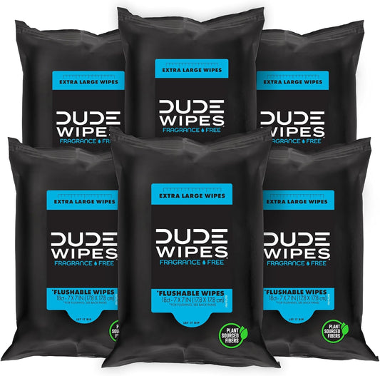 DUDE Wipes - Flushable Wipes Travel Pack - 6 Pack, 108 Wipes - Extra Large Unscented Wet Wipes with Vitamin E & Aloe - Septic and Sewer Safe Butt Wipes For Adults