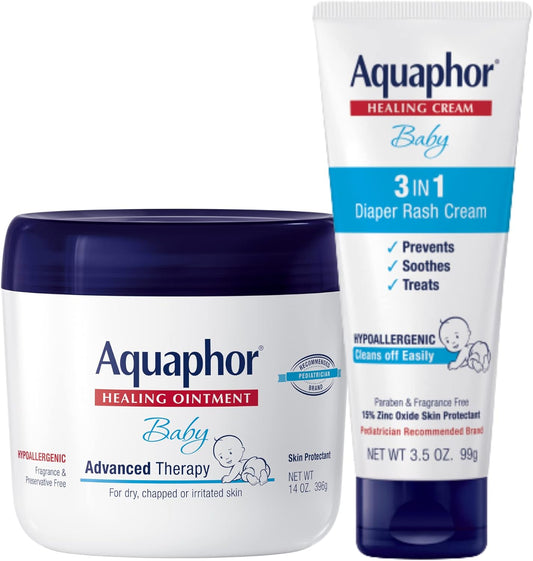 Aquaphor Baby Skin Care Set - Fragrance Free, Prevents, Soothes and Treats Diaper Rash - Includes 14 oz. Jar of Advanced Healing Ointment & 3.5 oz Tube...