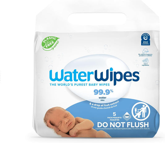 WaterWipes Plastic-Free Original Baby Wipes, 99.9% Water Based Wipes, Unscented & Hypoallergenic for Sensitive Skin, 300 Count (5 packs)
