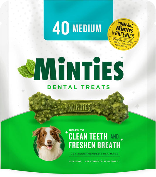 Minties Dental Chews for Dogs, 40 Count, Vet-Recommended Mint-Flavored Dental Treats for Medium Dogs 25-50 lbs, Dental Bones Clean Teeth, Fight Bad Breath, and Removes Plaque and Tartar