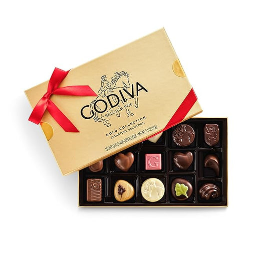 Godiva Red Bow Gold Assorted Chocolate Gift Box, Belgian Dark and Milk Chocolates with PralinŽs, Ganaches & Caramels, Gourmet Holiday Gift, Non-GMO & Kosher, 15 Pc