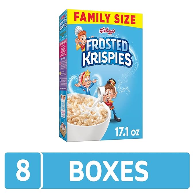 Kellogg's Frosted Krispies Breakfast Cereal, Kids Snacks, Baking Marshmallow Treats, Family Size, Original (8 Boxes)