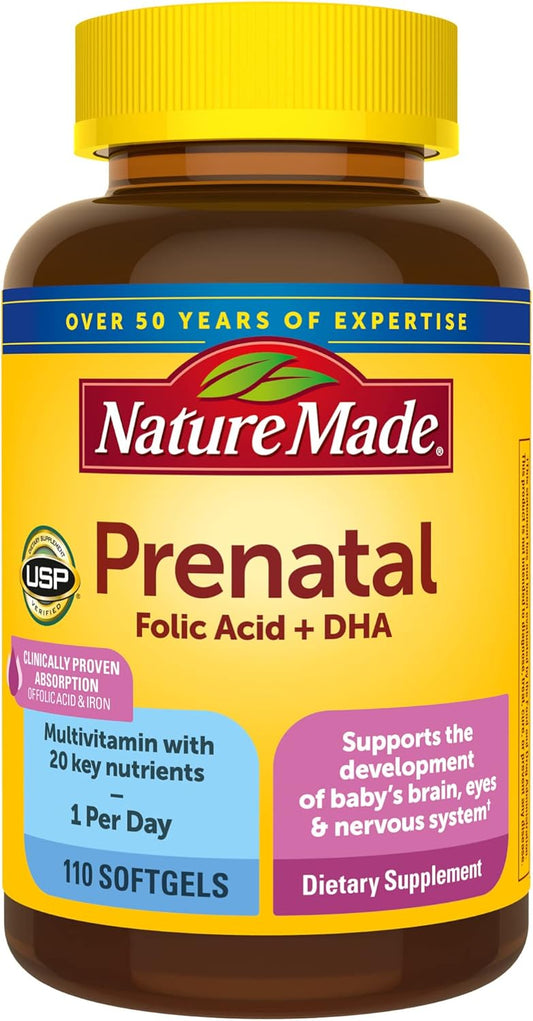 Nature Made Prenatal with Folic Acid + DHA, Prenatal Vitamin and Mineral Supplement for Daily Nutritional Support, 110 Softgels, 110 Day Supply 
