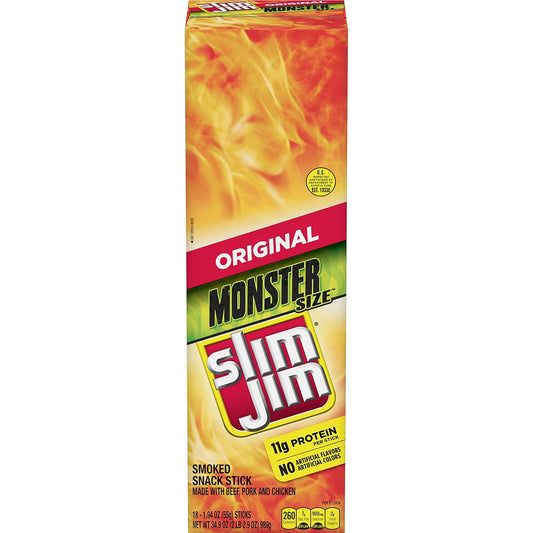 Slim Jim Monster Smoked Meat Sticks, Original Flavor, 1.94 Oz - 18 Count (Pack of 1)