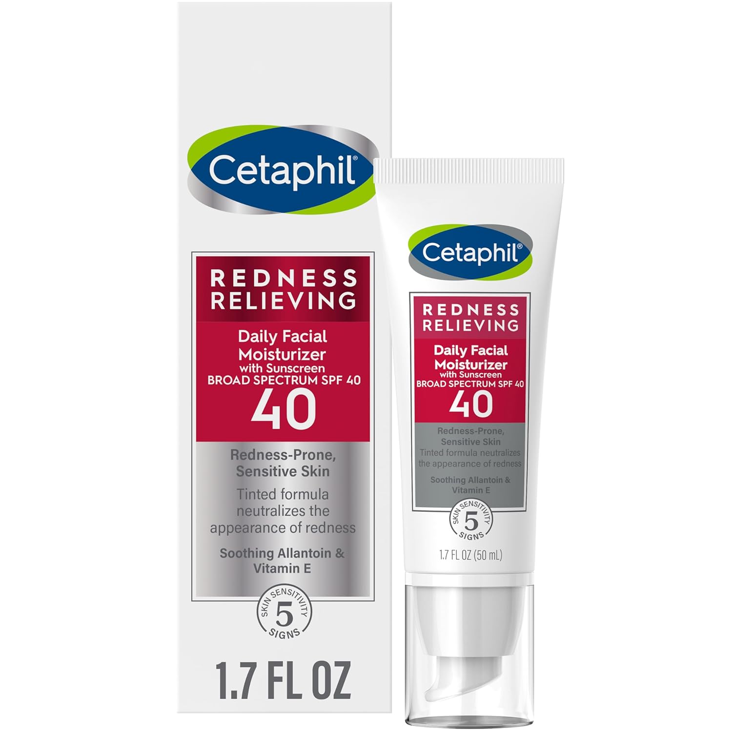 CETAPHIL Redness Relieving Daily Facial Moisturizer SPF 40, 1.7 fl oz, Broad spectrum Sunscreen, Neutral Tint, For Redness-Prone Skin