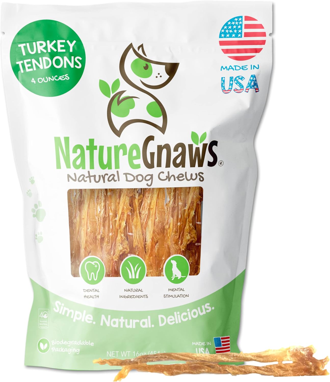 Nature Gnaws USA Turkey Tendons for Dogs - Premium Natural Chew Treats - Delicious Reward Snack for Small Medium & Large Dogs - Made in The USA 4 oz Bag