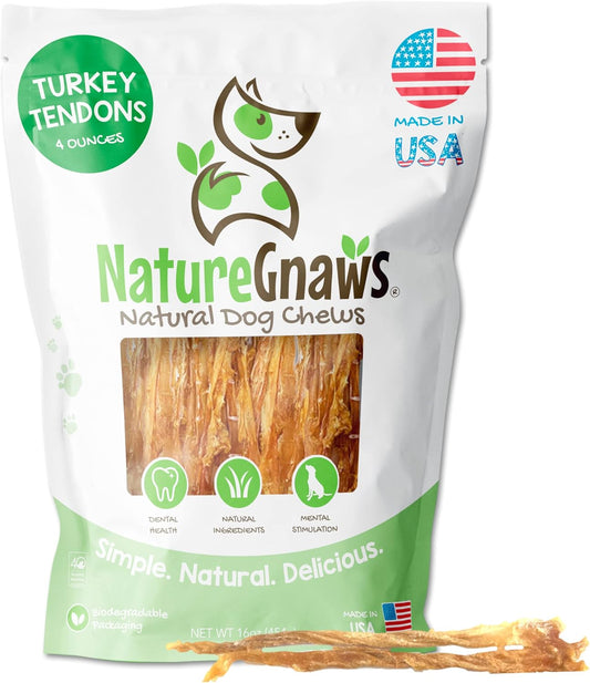 Nature Gnaws USA Turkey Tendons for Dogs - Premium Natural Chew Treats - Delicious Reward Snack for Small Medium & Large Dogs - Made in The USA 4 oz Bag
