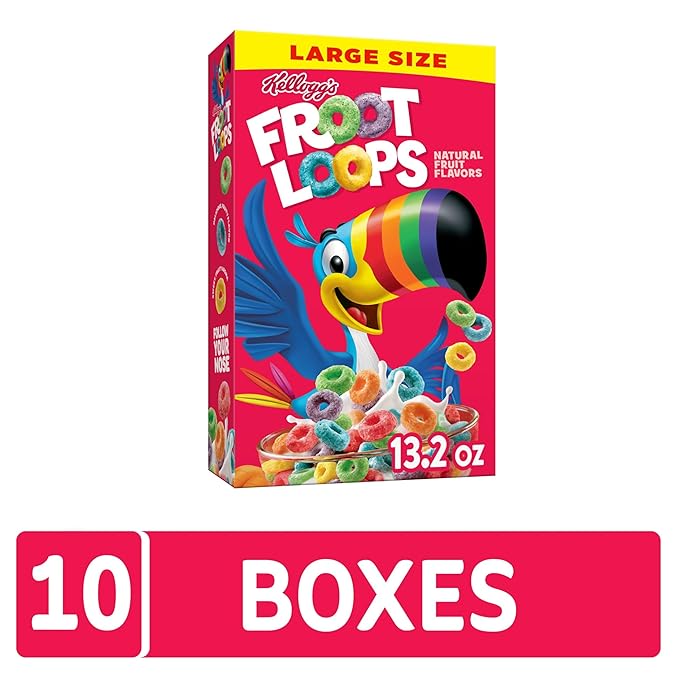 Kellogg's Froot Loops Breakfast Cereal, Fruit Flavored, Breakfast Snacks with Vitamin C, Large Size, Original, 8.2lb Case (10 Boxes)