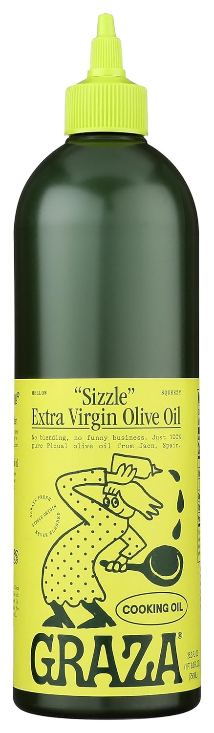 Graza "Sizzle" Extra Virgin Olive Oil. Peak Harvest Cooking Oil. Single Farm Spanish EVOO. 25.3 FZ (750 ML) Squeeze Bottle